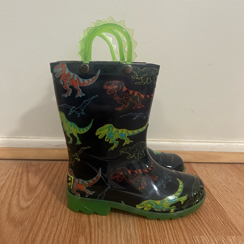 Kids Dinosaur Rain Boots in Black & Neon Green